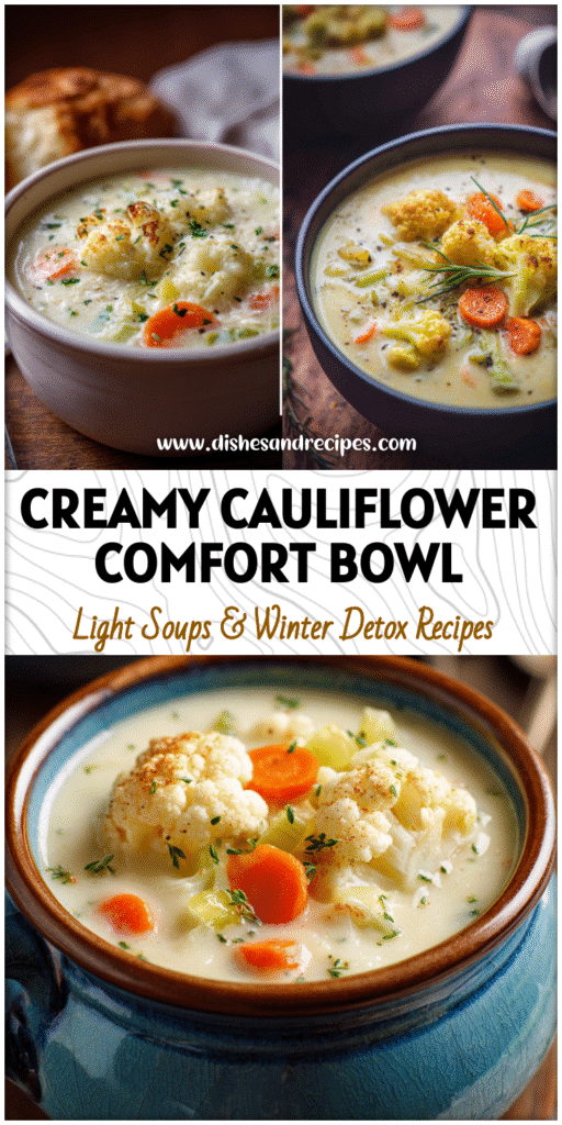 Bowl of creamy cauliflower veggie soup with parmesan, carrots, and celery, a comforting cauliflower stew recipe.